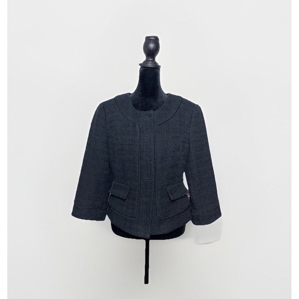 White House Black Market Women's Black Tweed Jacket Size 8 3/4 Sleeves $128 MSRP